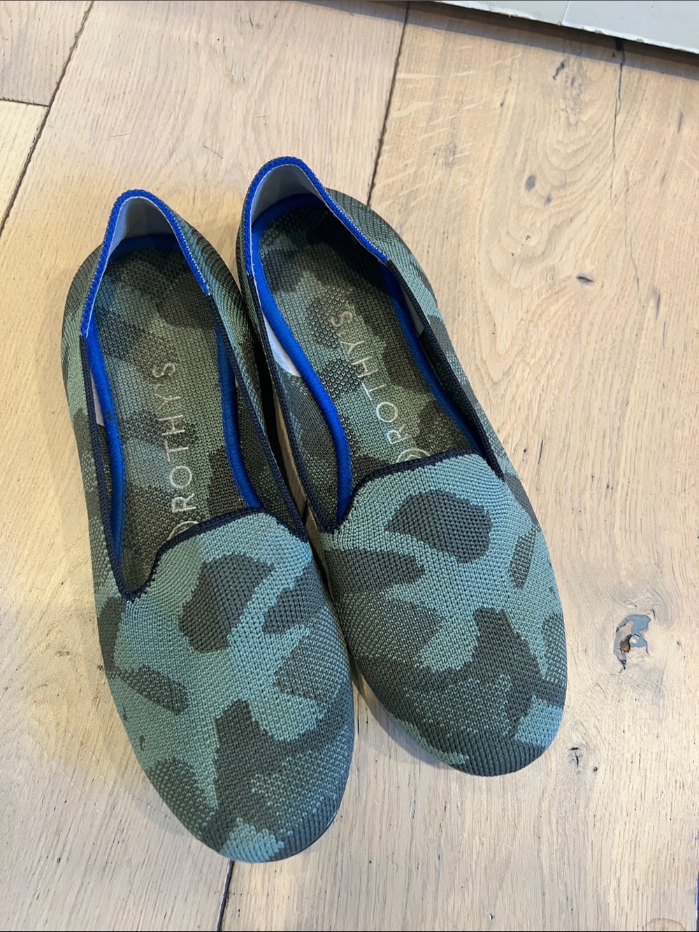 Rothy's Green Camouflage Knit Slip-On Flats with Blue Trim